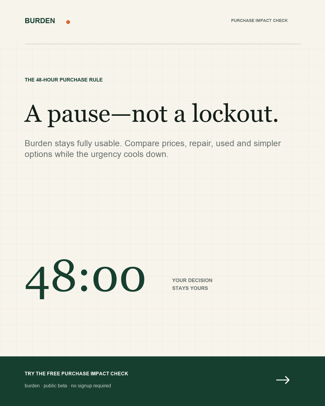The Burden 48-hour purchase rule is a voluntary pause, not a lockout.